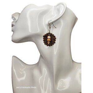 Handcrafted Leather Leaf‎ Earrings With Pearl & Wooden Beads